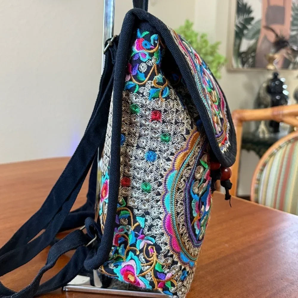 Canvas Multicolor Spanish Style Embroidered Backpack with Floral Embroidery